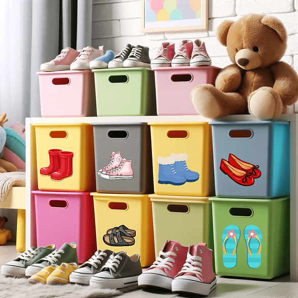 organizing kids shoes with colored bins and pictures of kinds of shoes