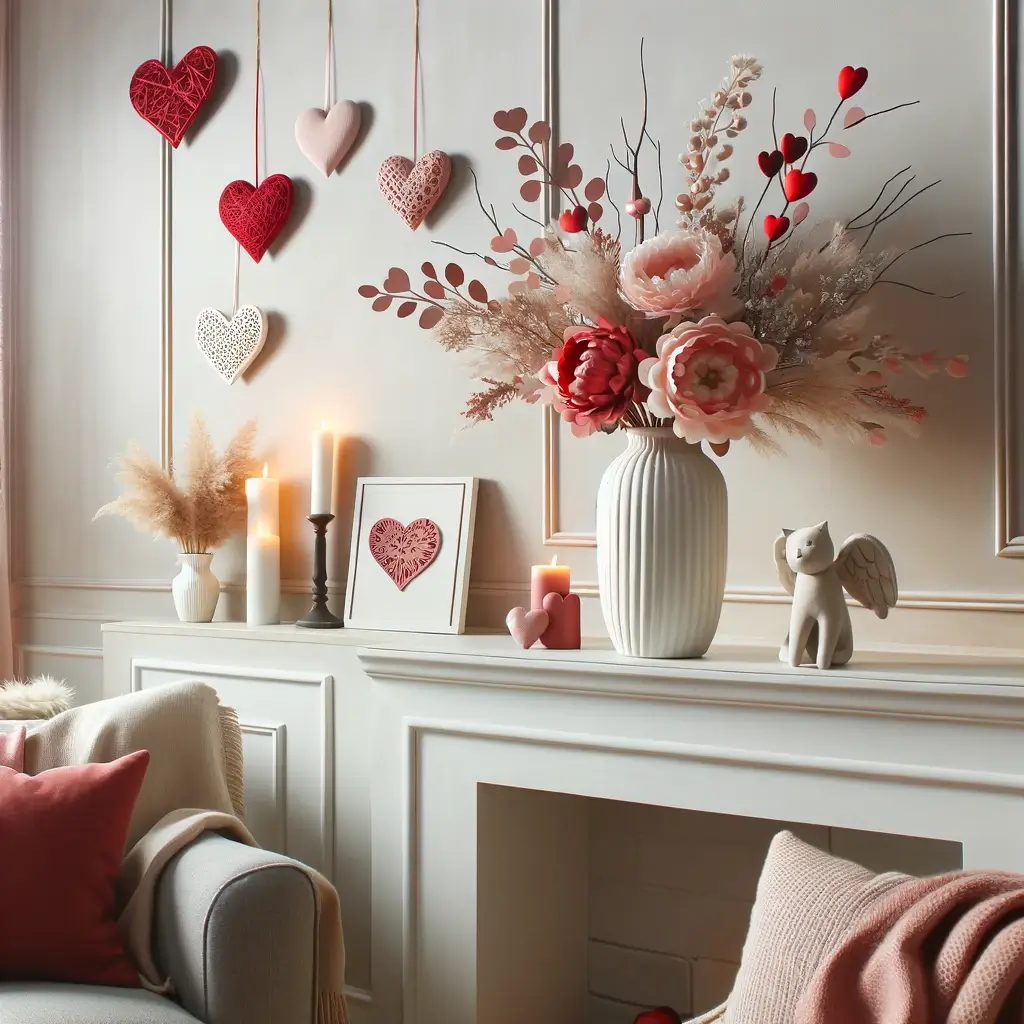 Here, you can see a chic floral arrangement with roses, tulips, or orchids in shades of reds and pinks, placed in sleek vases, adding sophistication to Valentine's Day home decor.