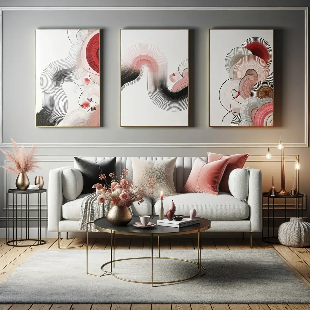 The image displays a stylish living room setting featuring elegant wall art suitable for Valentine's Day, with abstract art containing hints of red and pink or a tasteful print with a romantic quote.