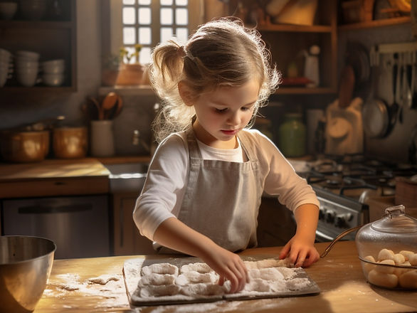teaching children about household chores - young girl baking in the kitchen