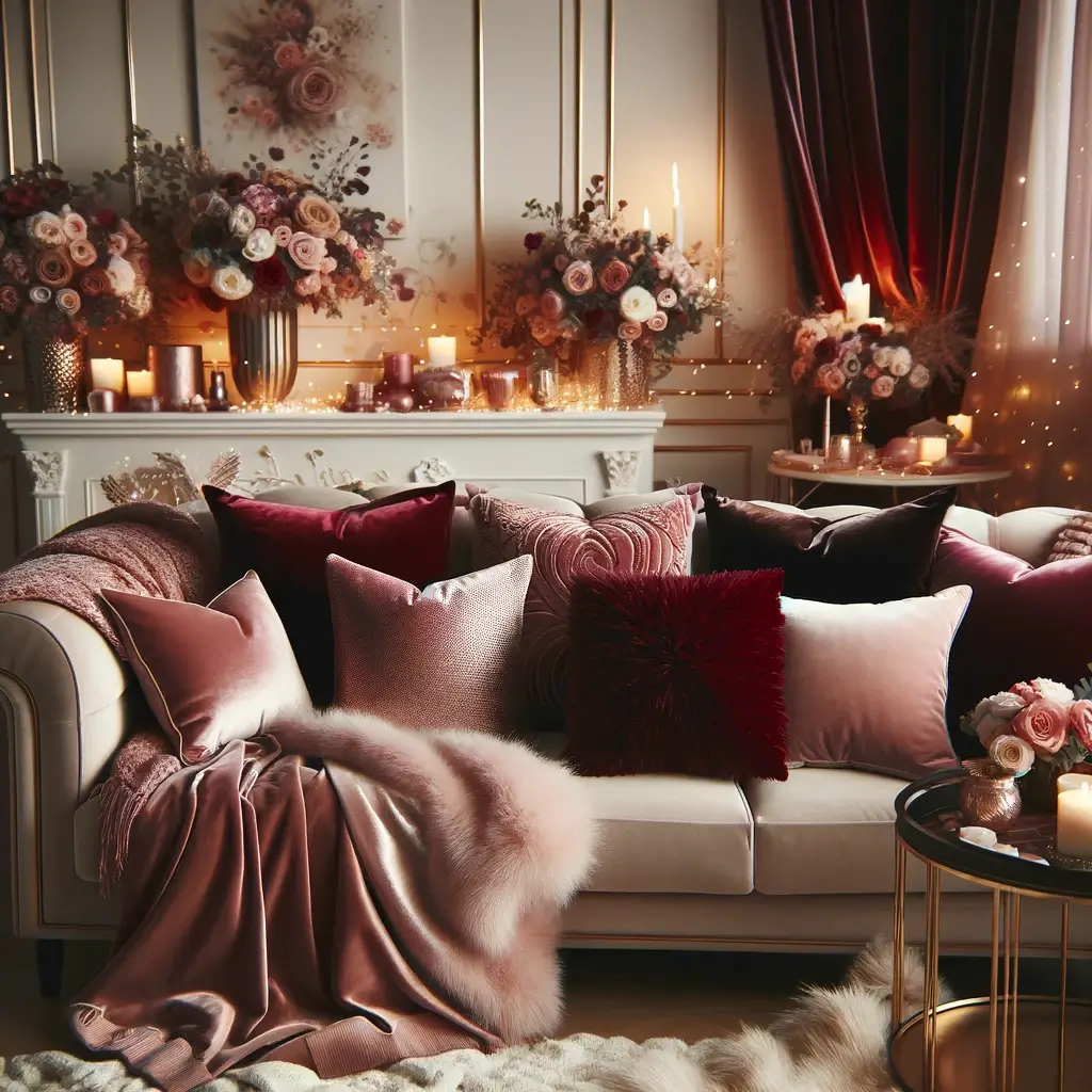 This depicts a living room with plush velvet throw pillows in shades of blush, burgundy, or deep red, and a luxurious throw blanket. The decor is both elegant and cozy, perfect for Valentine's Day.