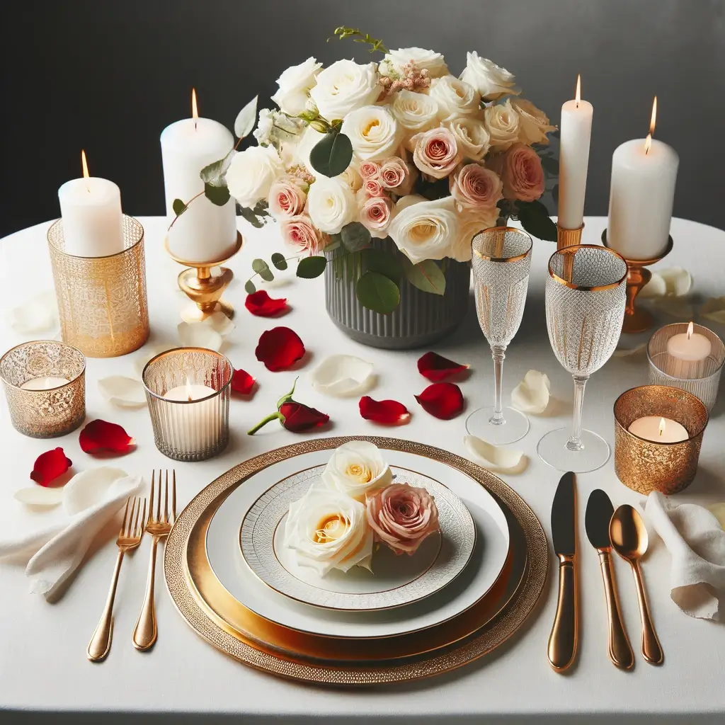 This image showcases a table setting with a crisp white tablecloth, gold or silver chargers, fine dinnerware, a low vase with fresh roses, scattered rose petals, and elegant candles, creating a refined and romantic dining atmosphere.