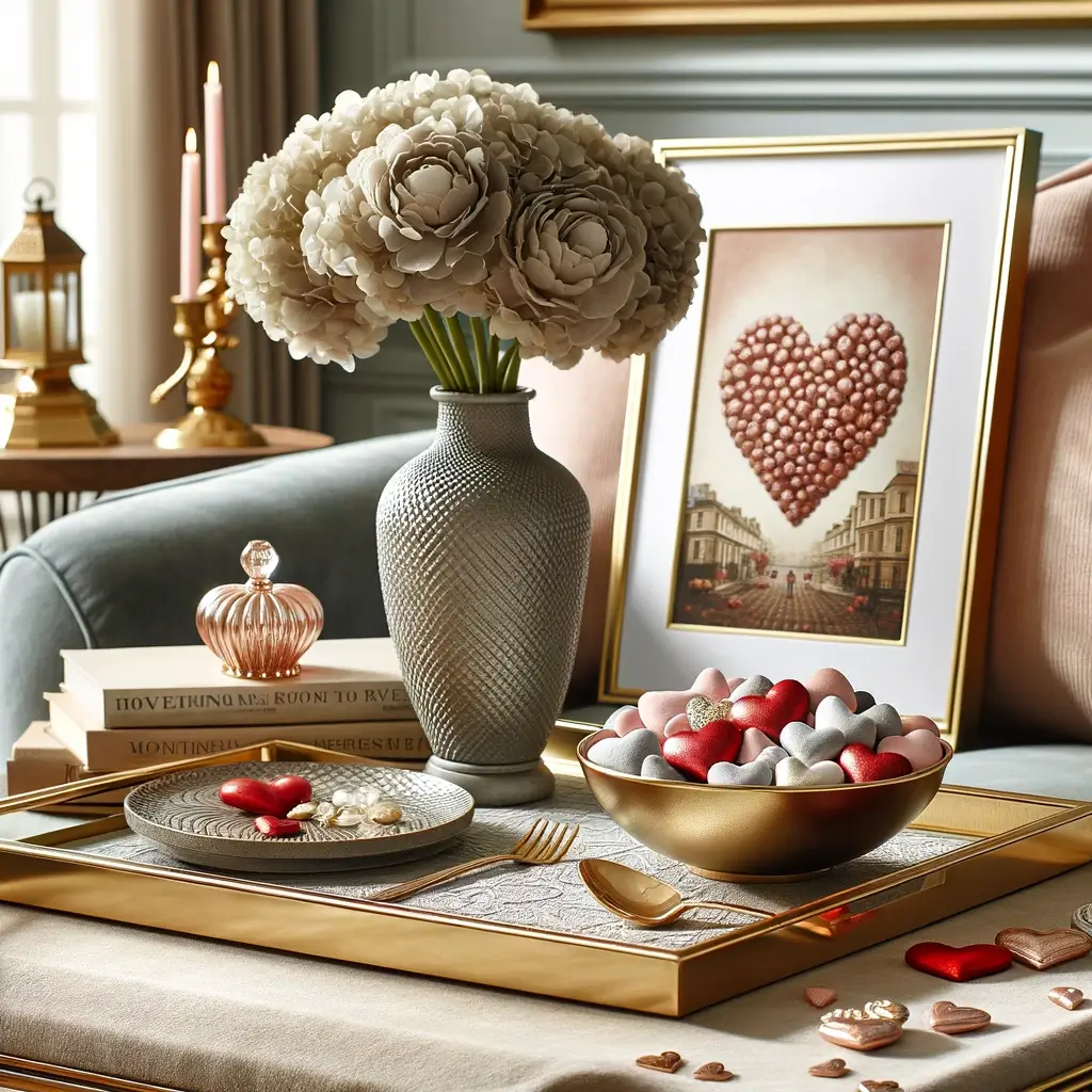 Lastly, the visual illustrates a stylish and decorative tray arranged with a beautiful bowl filled with heart-shaped stones, a sophisticated picture frame, and decorative books in a chic living room setting.