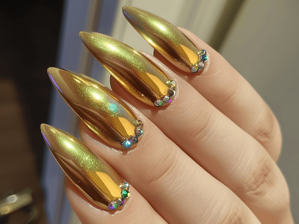 Shimmering metallic gold mob wife nails in an almond shape, embellished with delicate crystal accents along the cuticle line.
