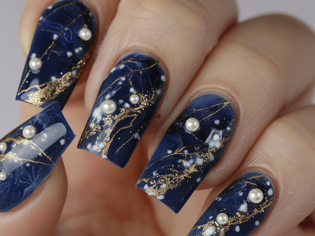 Sophisticated mob wife nails featuring a deep blue glossy base, accented with an elegant gold and white marble effect and tiny pearls.