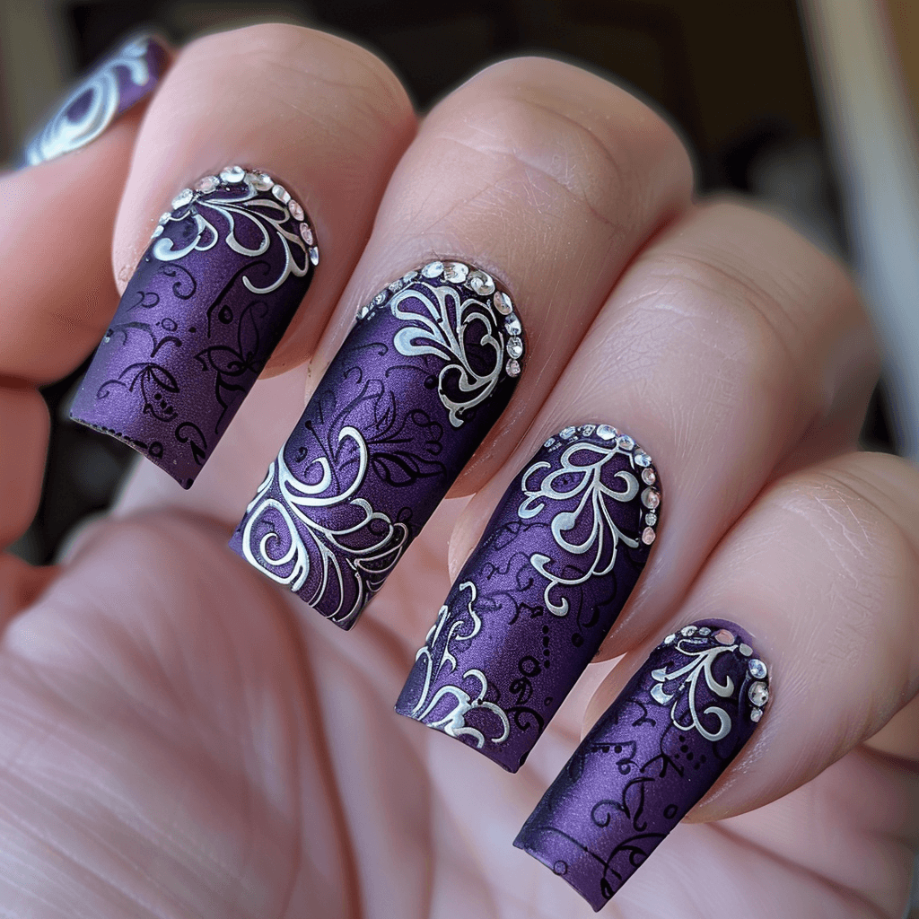 Dramatic square-shaped mob wife nails with a rich, dark purple matte finish, complemented by intricate silver filigree designs.