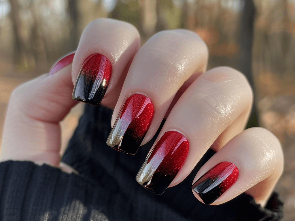 Chic mob wife nails in a medium length, square shape with a classic red and black ombre design, finished with a high-gloss top coat.