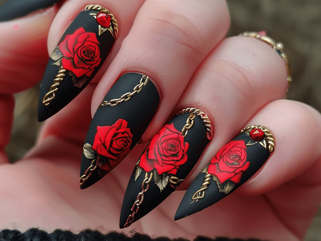 Edgy stiletto mob wife nails with a jet-black matte finish, featuring bold red roses and small, delicate gold chain embellishments.
