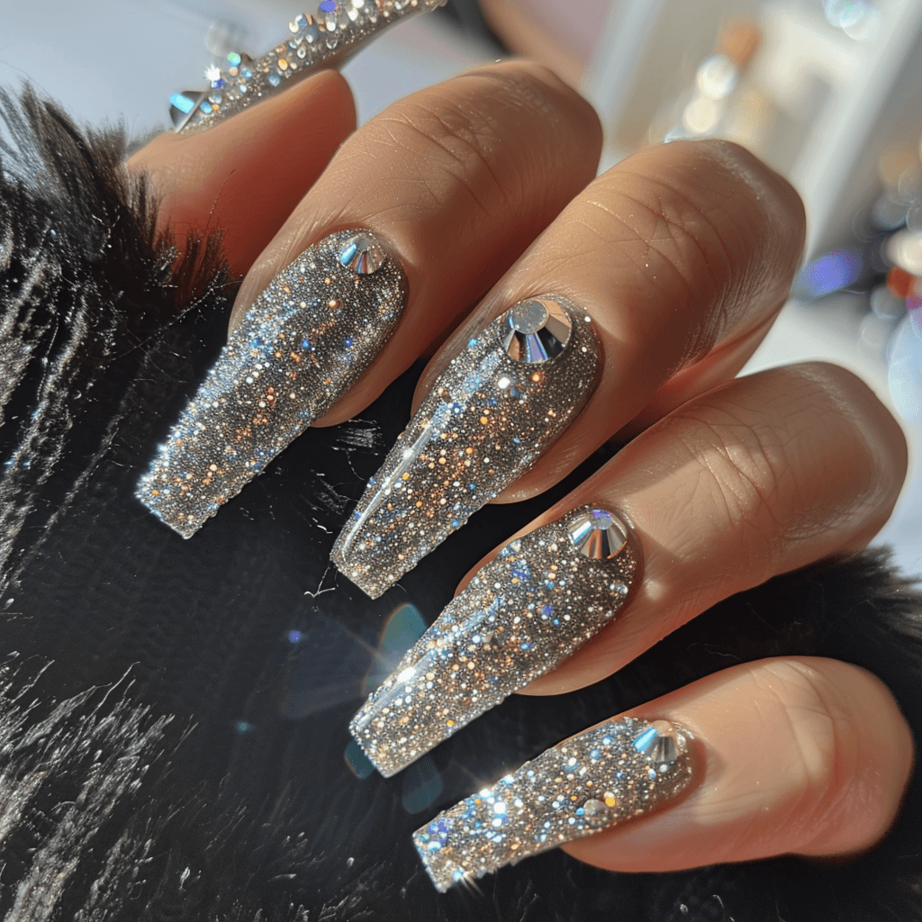 Glamorous coffin-shaped mob wife nails with a sparkling silver glitter base, enhanced with oversized rhinestones and a glossy top coat.