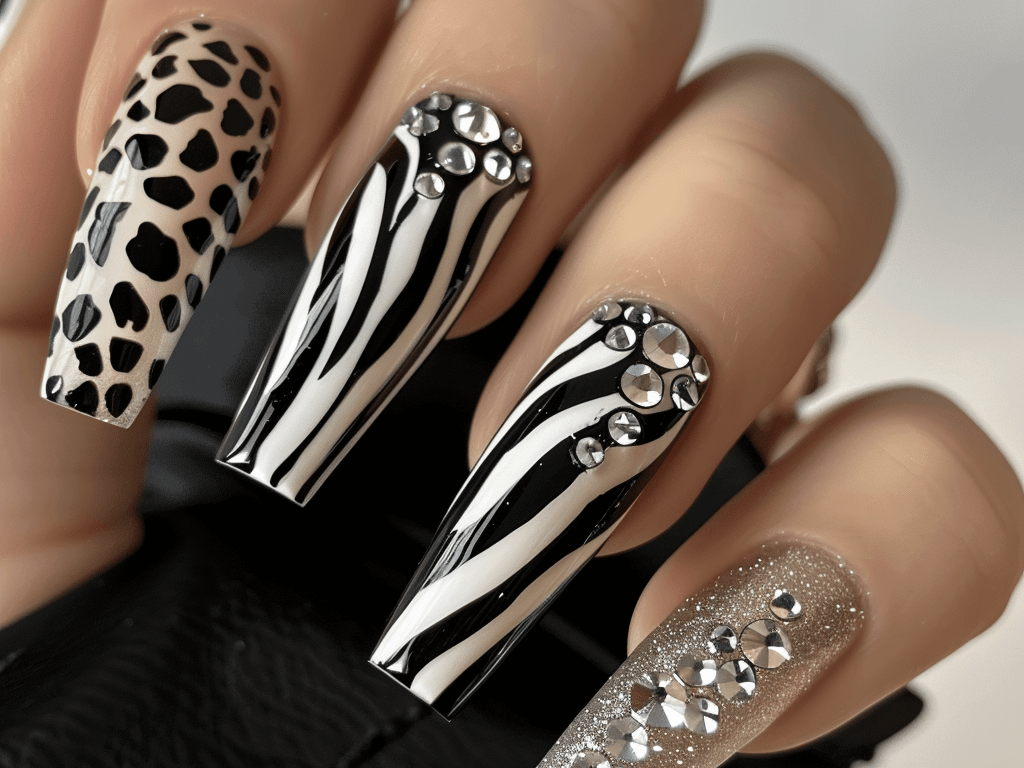 Long coffin-shaped nails with a bold black and white animal print design, featuring silver stud accents for a classic mob wife look.