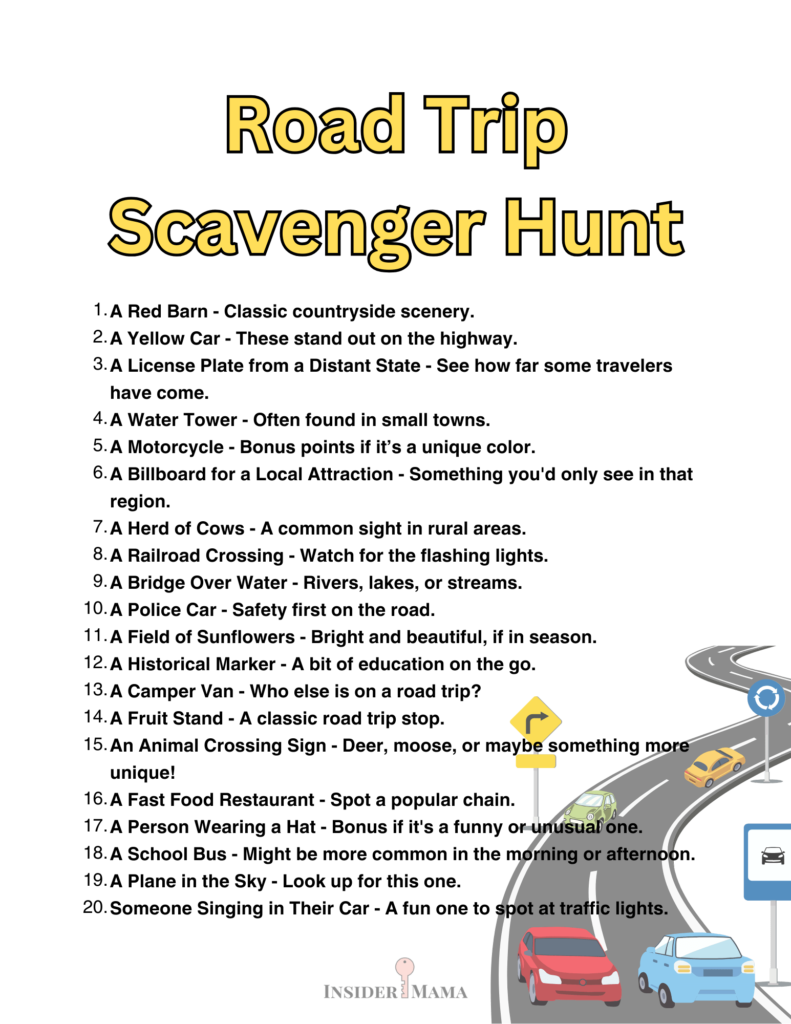 road trip scavenger hunt printable for car game; car games for trips