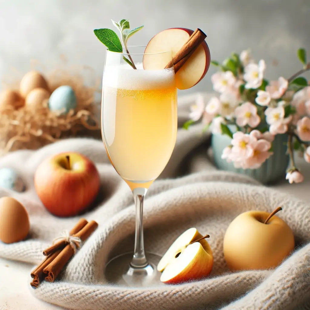 non-alcoholic apple cider mimosa, with apple on the rim