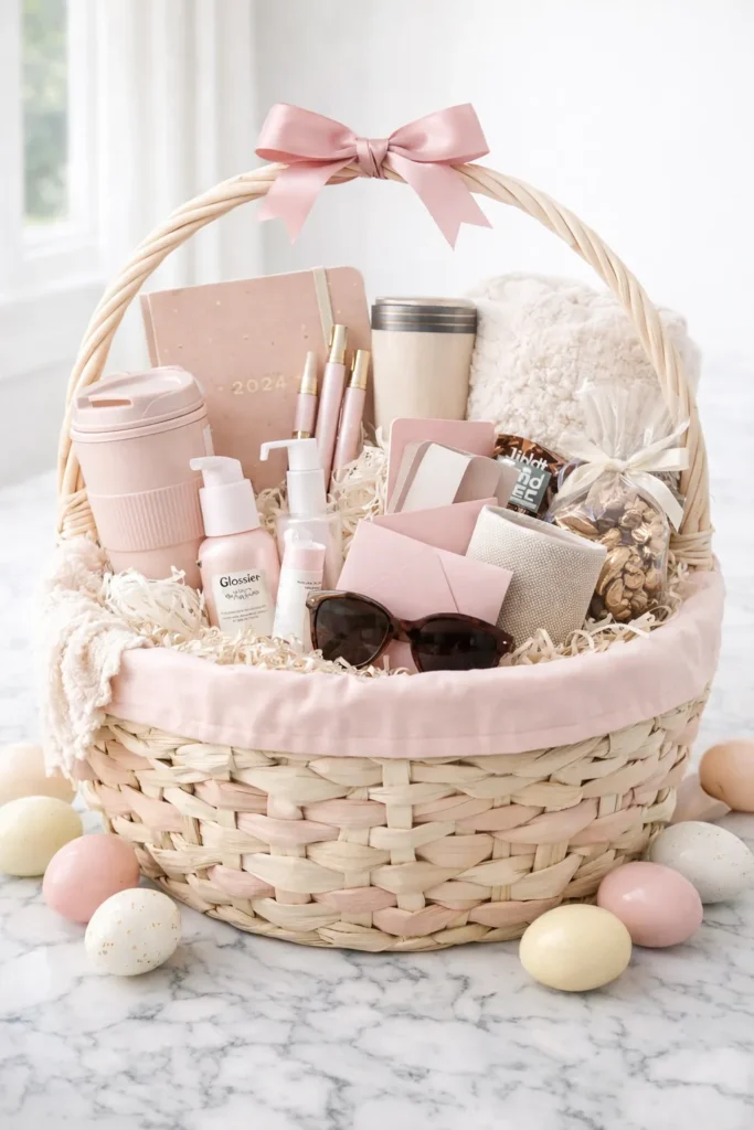 Easter basket for a college girl on a white marble countertop, soft pink and cream palette, stylish woven basket filled with a cozy throw, travel mug, planner, pens, skincare set, Bluetooth speaker, sunglasses, coffee gift card envelope, and favorite snacks, polished spring styling