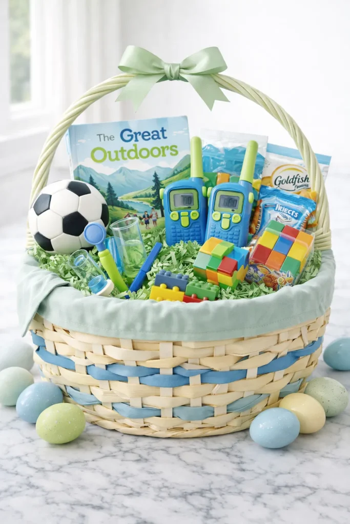 soccer ball, Easter basket ideas, book, walkie talkies
