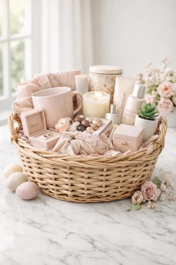 Easter basket for an adult woman on a white marble countertop, elegant blush and cream palette, sophisticated woven basket filled with fine chocolates, candle, skincare products, a small scarf, tea tin, pretty mug, jewelry box, and a small potted plant, refined spring styling