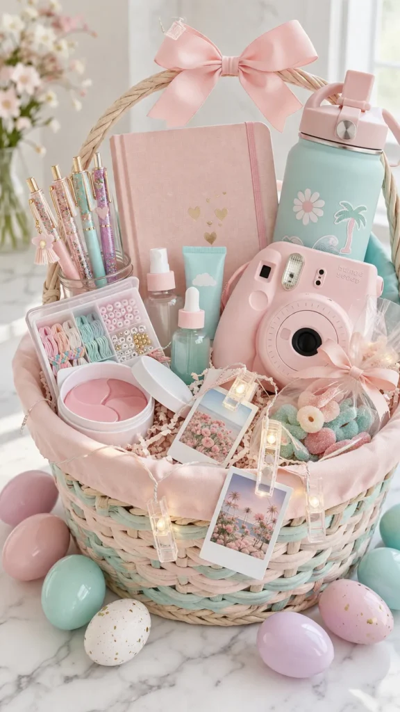 Easter basket for a middle school girl on a white marble countertop, blush pink and soft aqua palette, woven basket filled with a journal, fun pens, skincare items for tweens, friendship bracelet kit, instant camera, reusable water bottle, LED photo clip lights, and candy, polished spring styling, pastel eggs scattered nearby