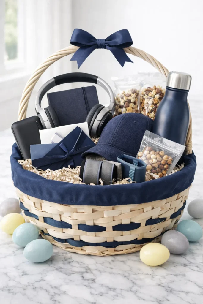 Easter basket for a high school boy on a white marble countertop, neutral and navy color palette, modern woven basket filled with headphones, portable charger, sports cap, fitness bands, wallet, gift card envelope, gourmet snacks, and a sleek water bottle, elevated spring styling