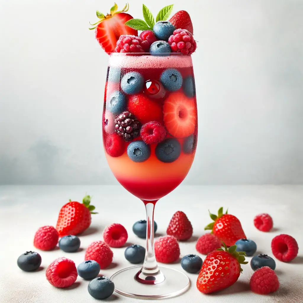 Raspberry juice, blueberry juice, strawberry juice, lemonade, fresh berries, sparkling wine, in a glass