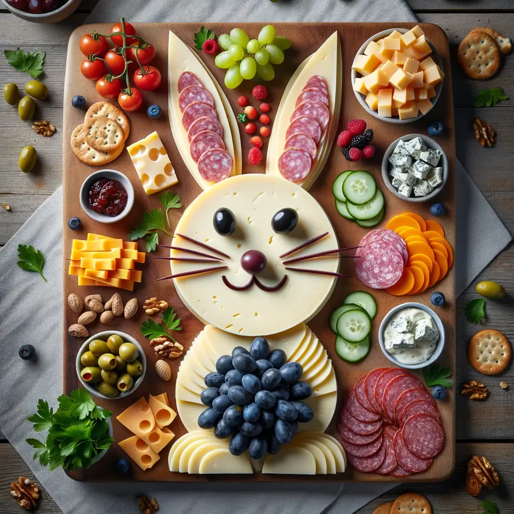 charcuterie board arranged in the shape of a bunny on a standard-shaped board, cucumbers, berries, olives, tomatoes, cheeses