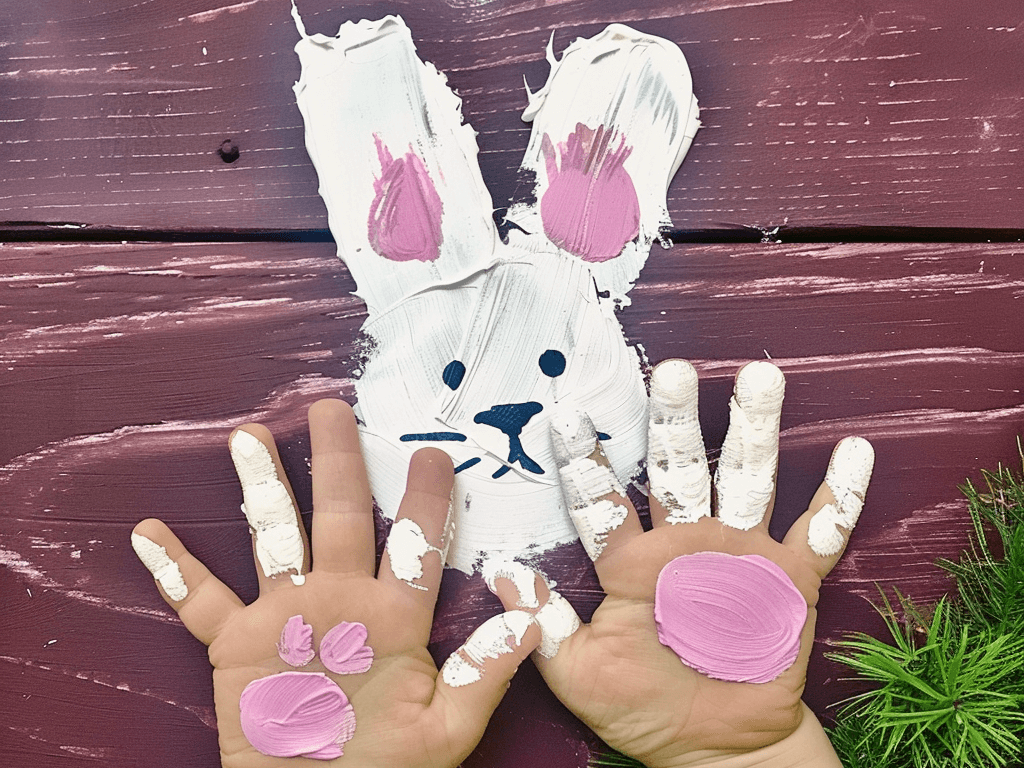 childs hands covered in pink and white paint with a bunny handprint craft image