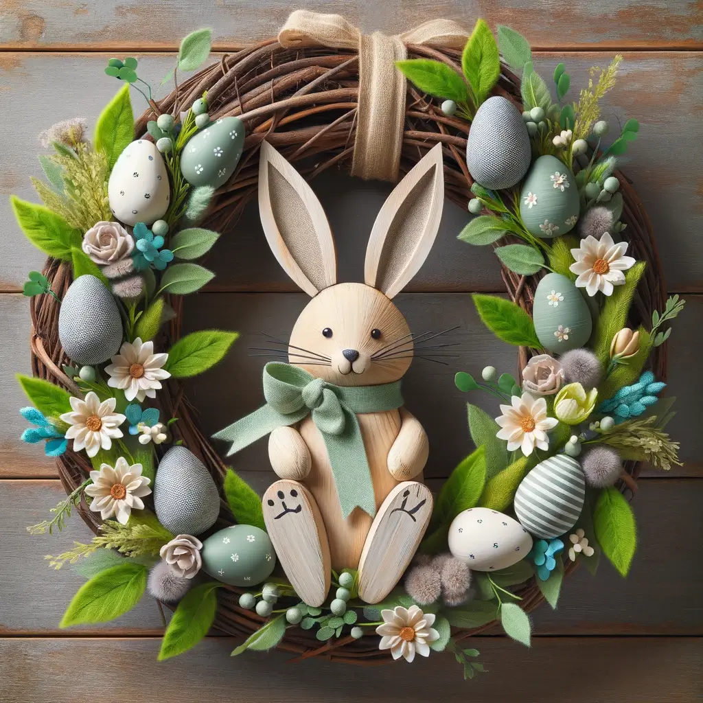 Bunny wreath, wicker wreath with greenery and eggs, and a wooden bunny in the center of the wreath