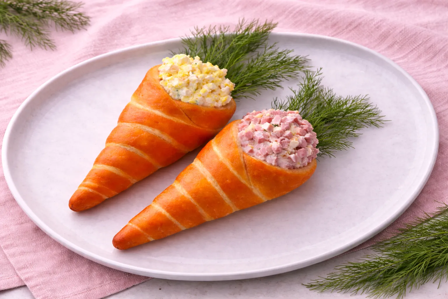 hyper-realistic photo of Overhead food photography of two bright orange stuffed crescent roll carrots on a simple white rectangular platter, one filled with pale yellow egg salad and one filled with light pink deli ham salad, fresh dill sprigs tucked into salad mixtures the open ends like carrot tops, soft spring lighting, clean Easter food styling, realistic baked dough texture, smooth glossy orange finish, crisp focus, no text, no watermark