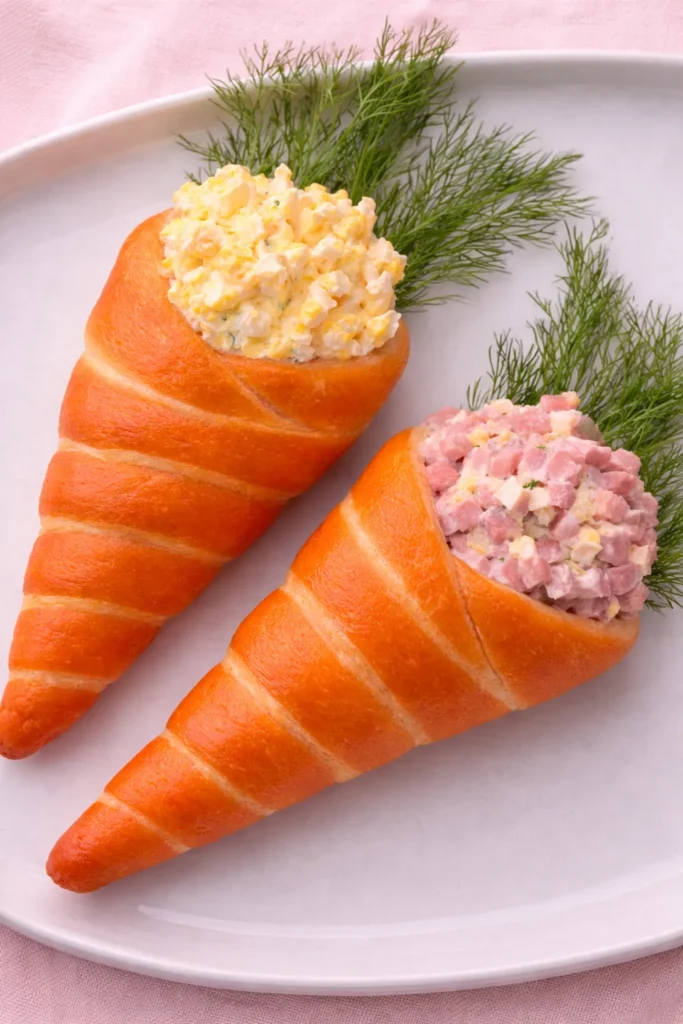 hyper-realistic photo of Overhead food photography of two bright orange stuffed crescent roll carrots on a simple white rectangular platter, one filled with pale yellow egg salad and one filled with light pink deli ham salad, fresh dill sprigs tucked into salad mixtures the open ends like carrot tops, soft spring lighting, clean Easter food styling, realistic baked dough texture, smooth glossy orange finish, crisp focus, no text, no watermark