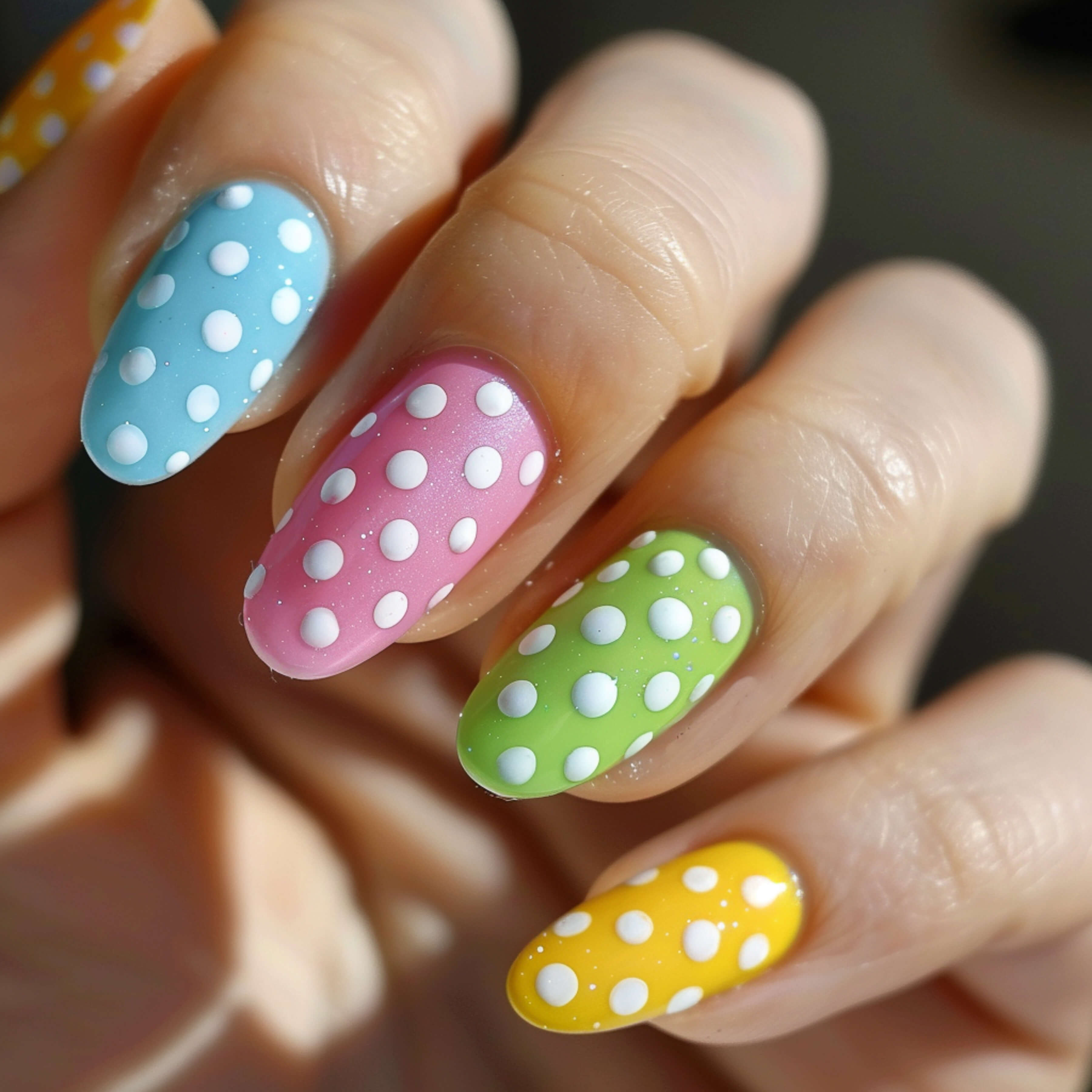 white dots on nails, index finger blue, middle pink, ring green and pinkie yellow