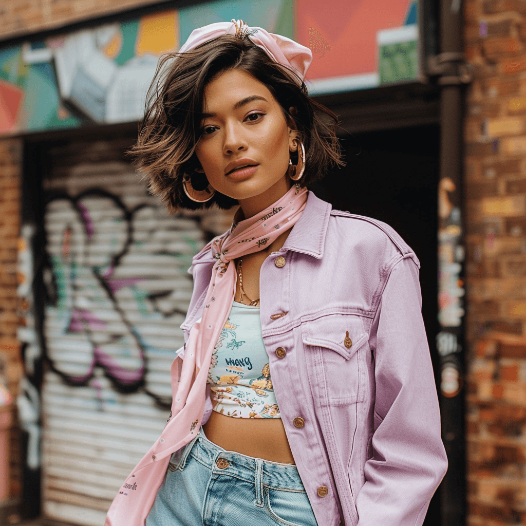 pink jean jacket with crop top and jeans on a woman of brown skin with a scarf