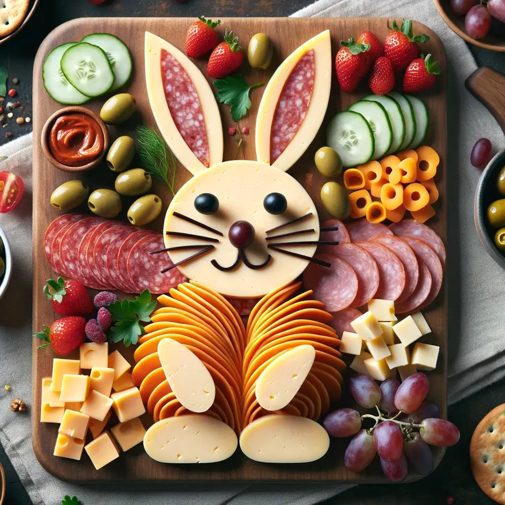 charcuterie board arranged in the shape of a bunny