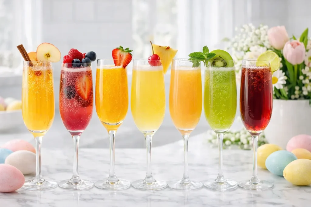 line of several champagne glasses filled with various colors of mimosas