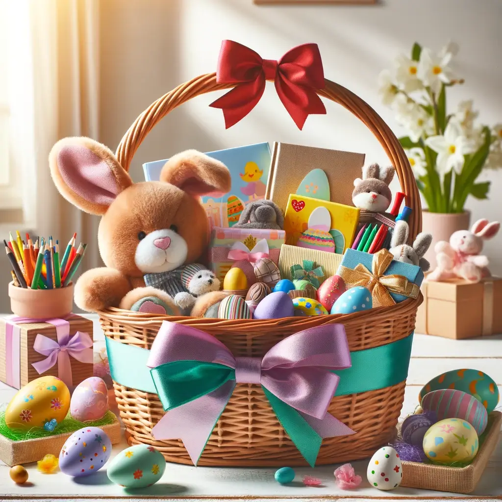Easter basket filled with toys and arts and crafts