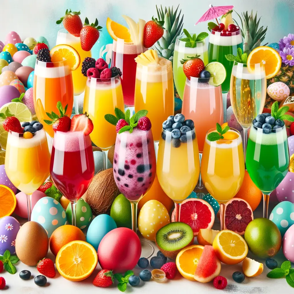 several mimosa drinks, tropical fruits and Easter eggs