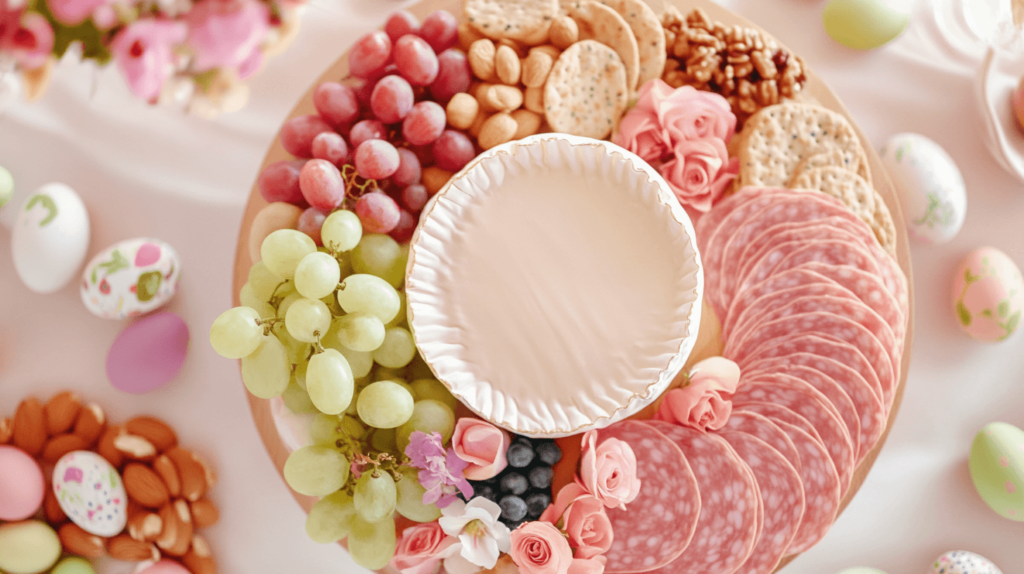 photo of a round charcuterie board centered around a whole wheel of Brie cheese. The Brie is surrounded by an assortment of colorful foods arranged in neat sections, including slices of prosciutto and salami, clusters of red and green grapes, fresh strawberries, blueberries, and cucumber ribbons. The outer edges feature an assortment of crackers, mini croissants, and breadsticks. A few edible pastel flowers and sprigs of fresh herbs are scattered throughout for a festive spring touch, creating a vibrant, inviting Easter-themed display.