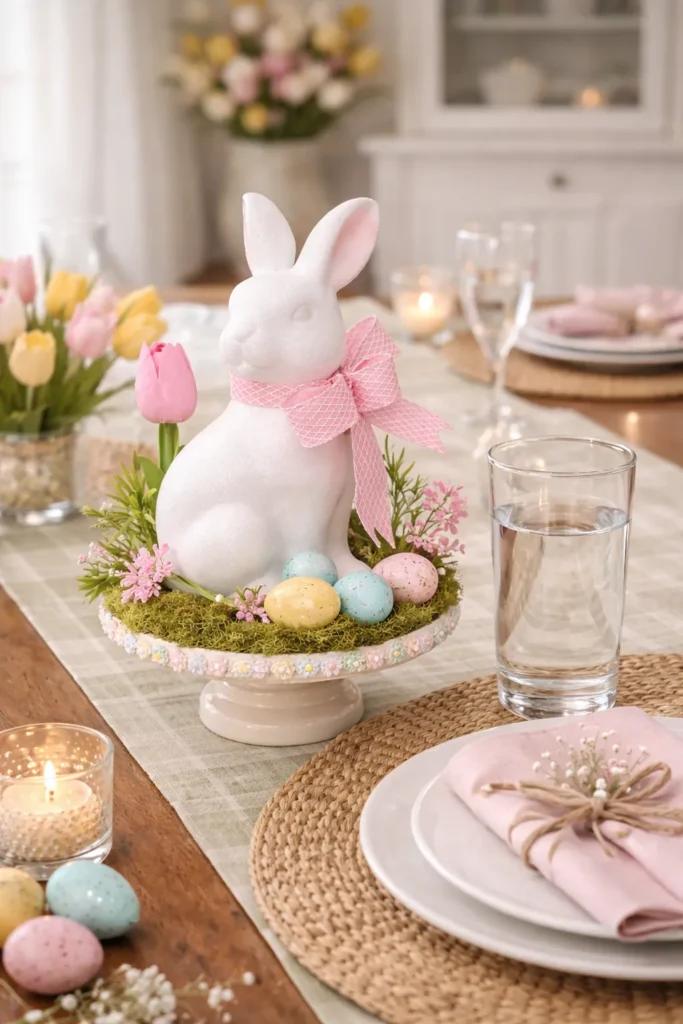 Elegant Easter table setting with layered plates, soft linens, and festive centerpiece.