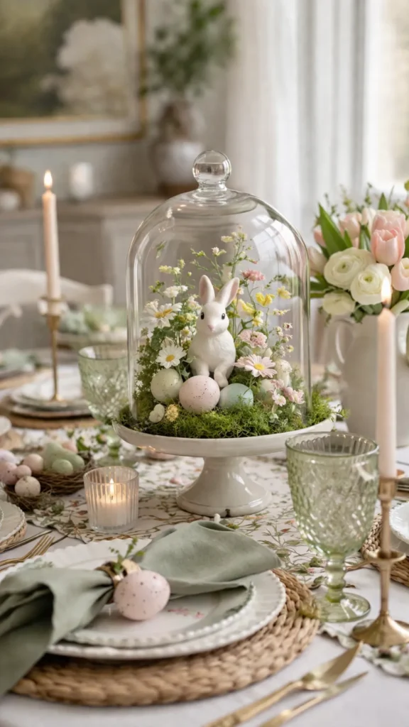 Charming Easter tablescape with bunny decor, fresh flowers, and pastel table accents.