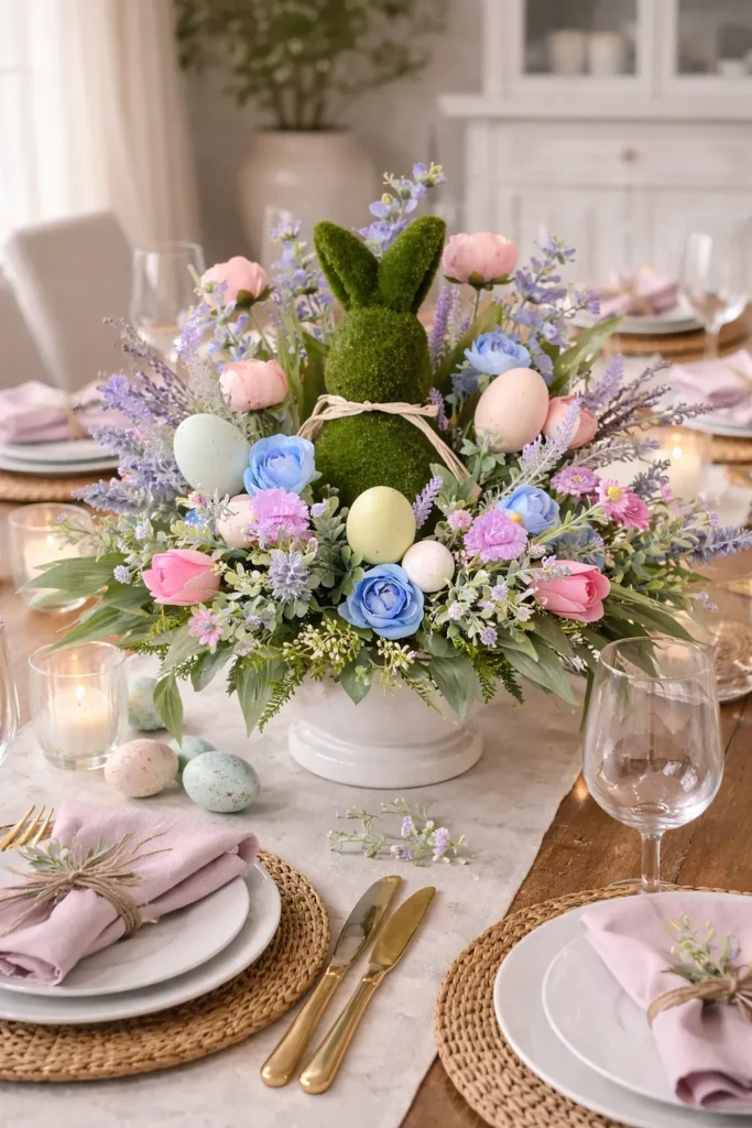 Spring-inspired Easter tablescape with floral arrangements and bunny decorations.