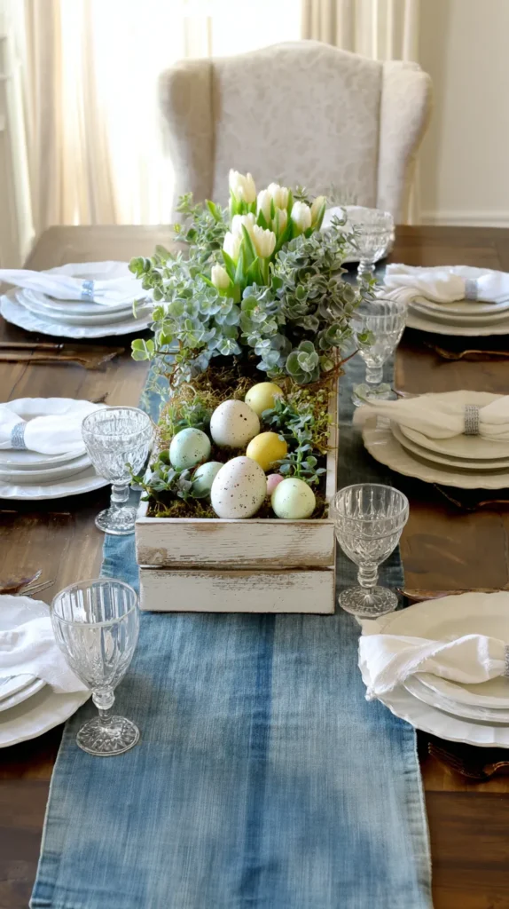 Neutral Easter dining table with soft pastel accents and woven textures.