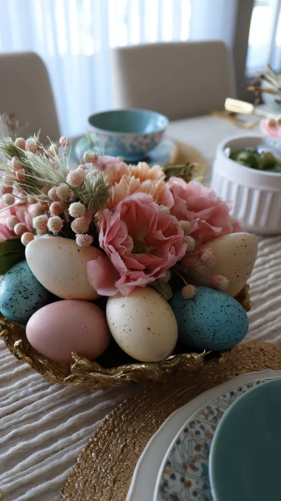 Whimsical Easter table decor with bunny centerpiece, flowers, and speckled eggs.