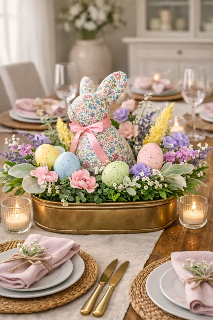 Easter table styled with pink and pastel details, candles, and layered dishes.
