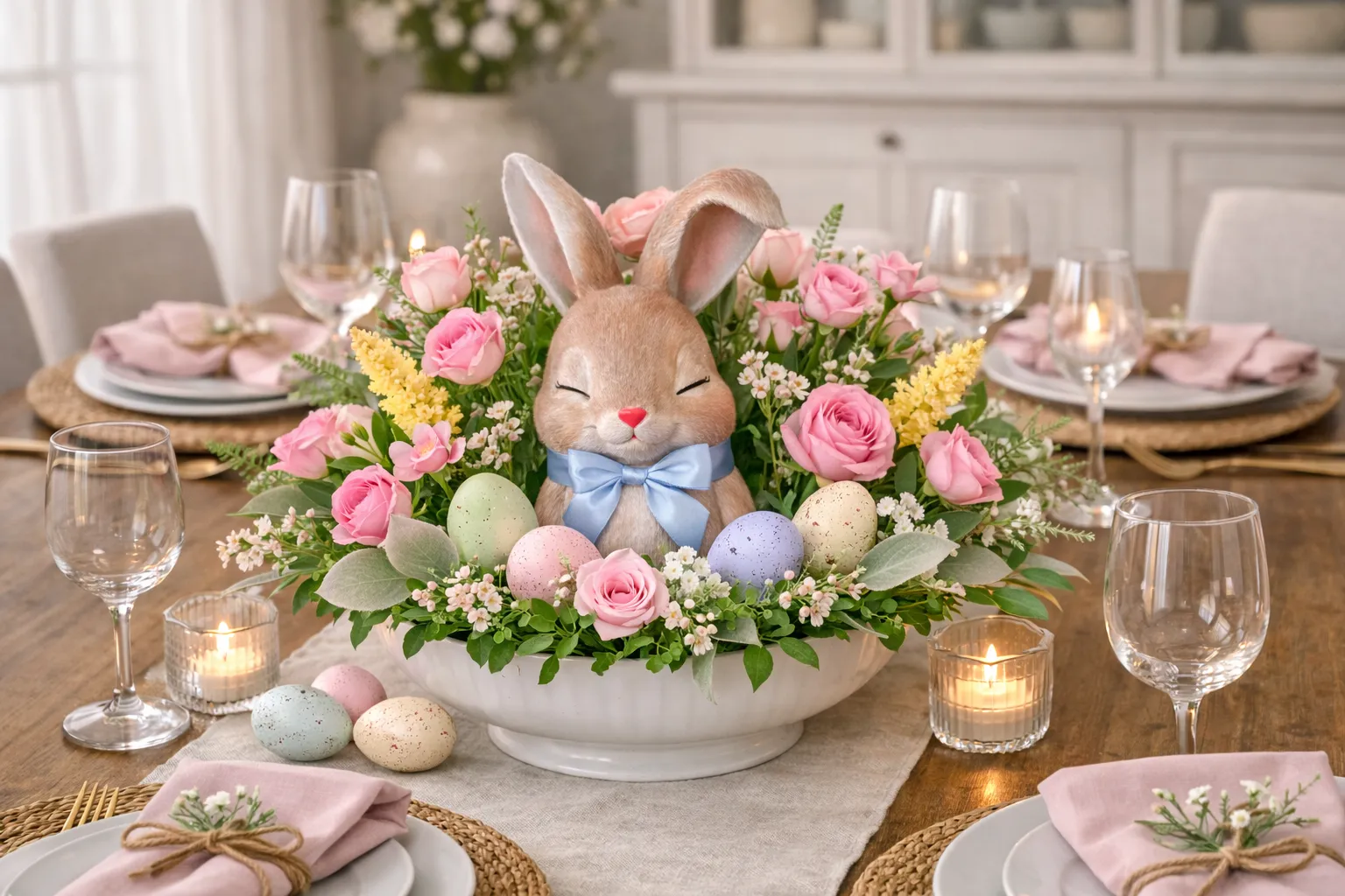 Easter dining table styled with pastel decor, spring flowers, and bunny accents.