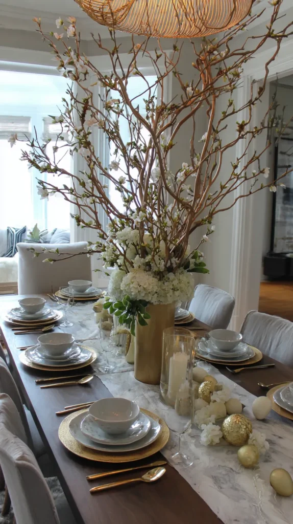 Cozy spring tablescape for Easter with floral centerpiece and decorative bunny accents.