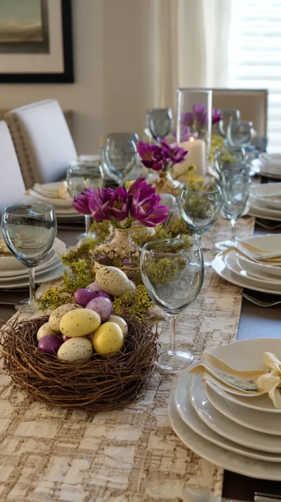 Styled Easter dining table with soft candle glow, pastel eggs, and elegant place settings.