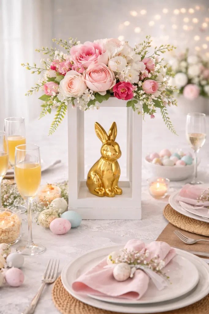 Classic Easter tablescape with fresh flowers, woven placemats, and seasonal decor.