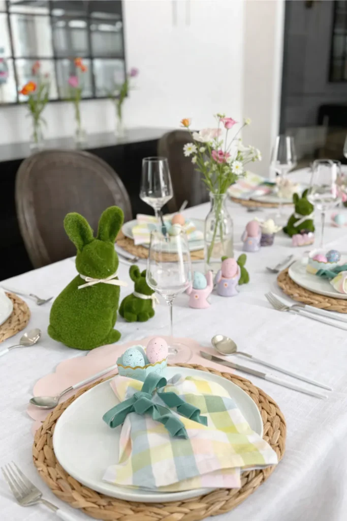 Easter dining table styled with woven chargers, cloth napkins, and spring centerpiece.