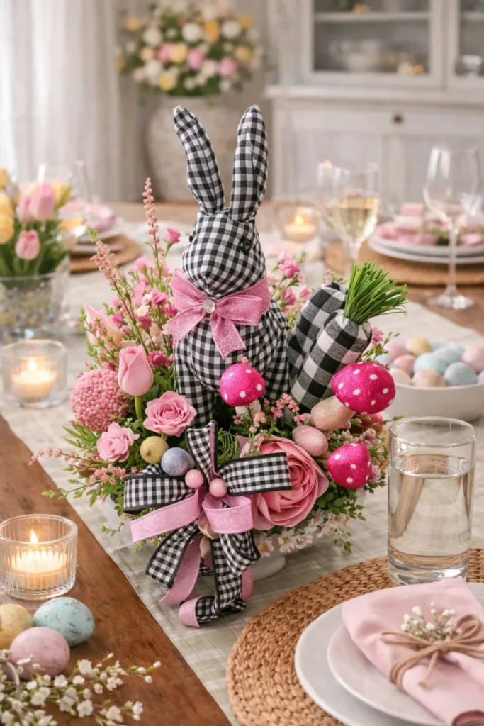 Pretty Easter tablescape with soft pink details, woven placemats, and seasonal centerpiece. Black and white checked. 