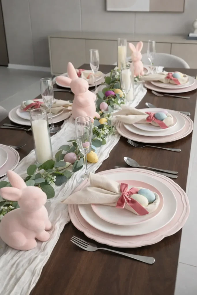 Soft and feminine Easter table decor with pastel eggs, flowers, and candlelight.