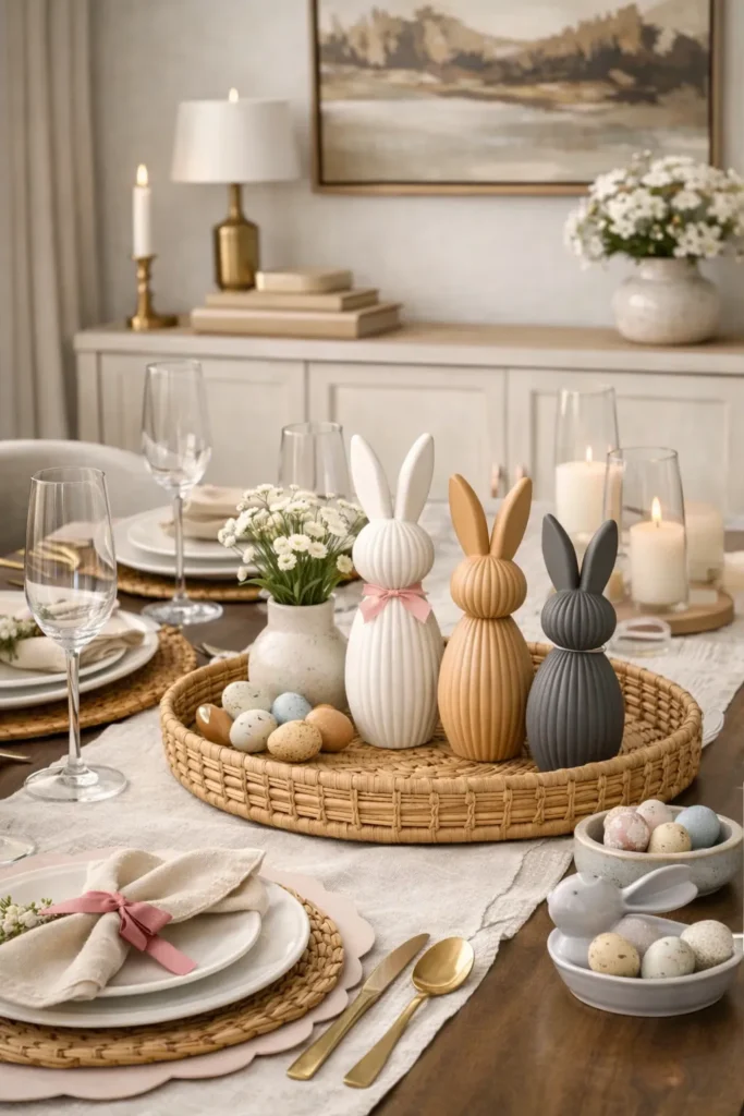 Spring dining table decorated for Easter with pastel eggs, candles, and floral touches.