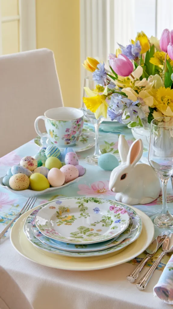 Beautiful Easter dining table with bunny-themed decor and delicate spring details.