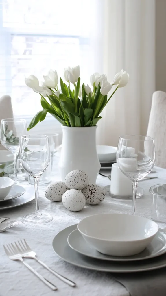 White Easter table setting with candles, flowers, and decorative eggs.